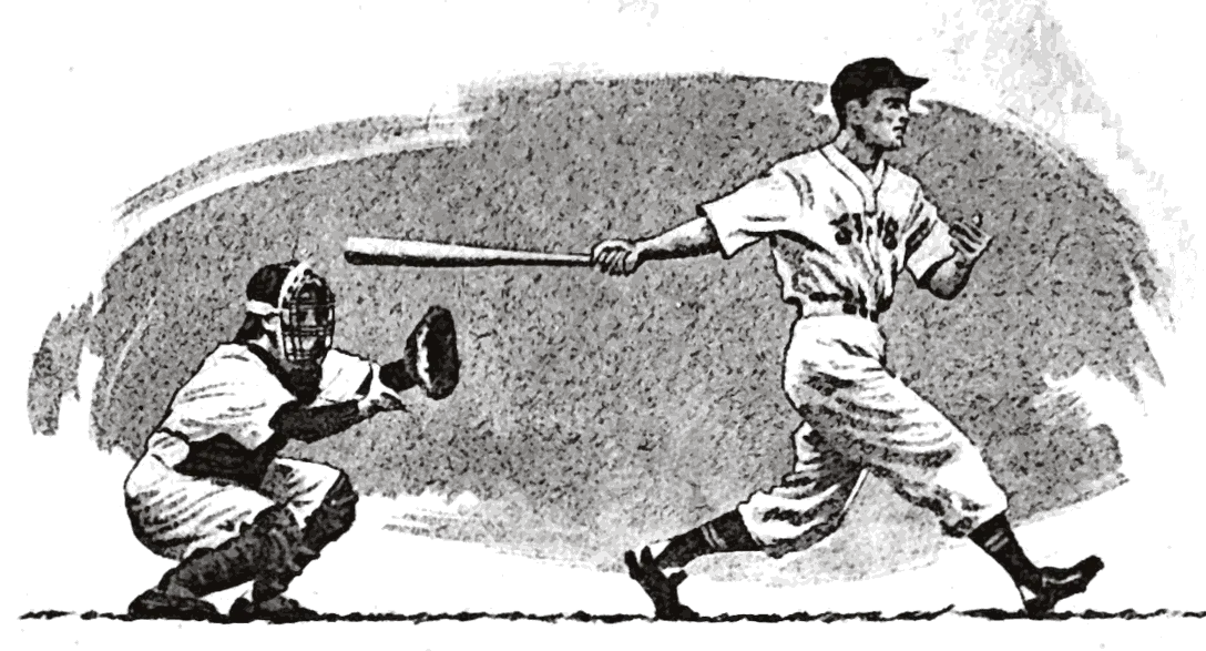 A batter at the end of his follow-through, bat still out in front of
him, while the catcher comes up out of his crouch with the mitt still
open. Drawn in wash over a brushed backdrop.